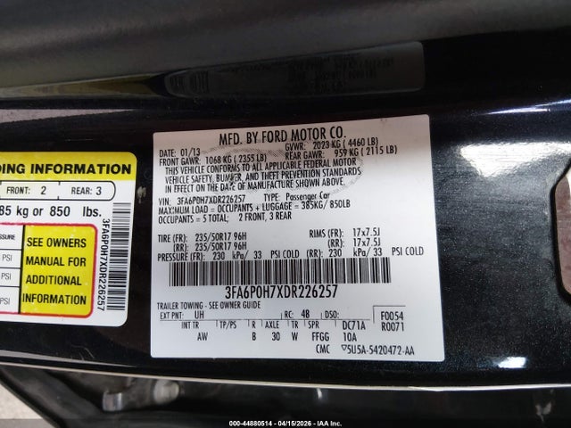 44880514 :رقم المزاد ، 3FA6P0H7XDR226257 vin ، 2013 Ford Fusion Se مزاد بيع