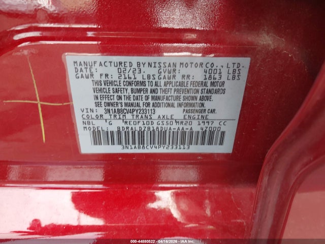 2023 Nissan Sentra Sv Xtronic Cvt მანქანა იყიდება აუქციონზე, vin: 3N1AB8CV4PY233113, აუქციონის ნომერი: 44880522