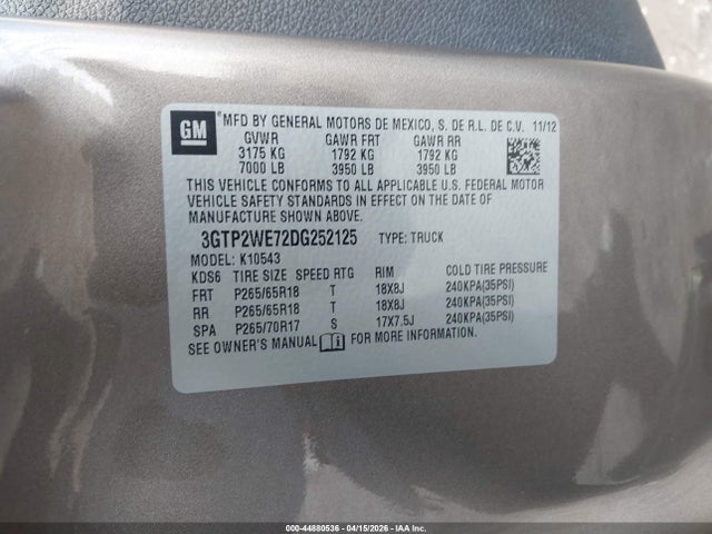 Aukcja sprzedaży 2013 Gmc Sierra 1500 Slt, vin: 3GTP2WE72DG252125, numer aukcji: 44880536