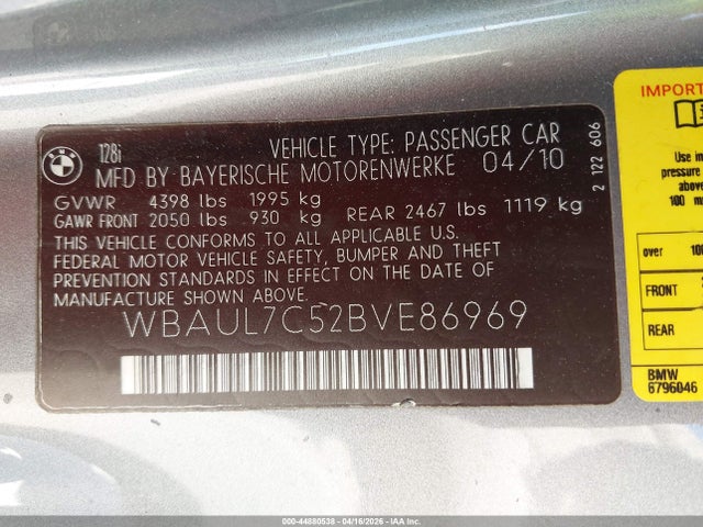 Продаж на аукціоні авто 2011 Bmw 128i, vin: WBAUL7C52BVE86969, номер лоту: 44880538