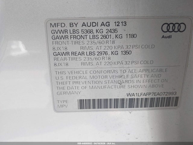 Продаж на аукціоні авто 2014 Audi Q5 2.0t Premium, vin: WA1LFAFP7EA072993, номер лоту: 44880552