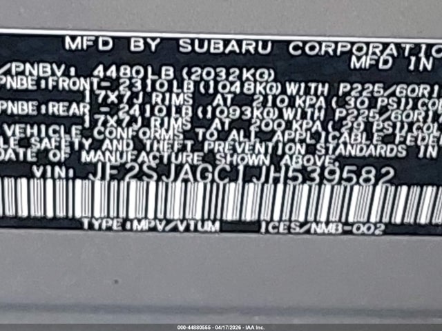 Продаж на аукціоні авто 2018 Subaru Forester 2.5i Premium, vin: JF2SJAGC1JH539582, номер лоту: 44880555