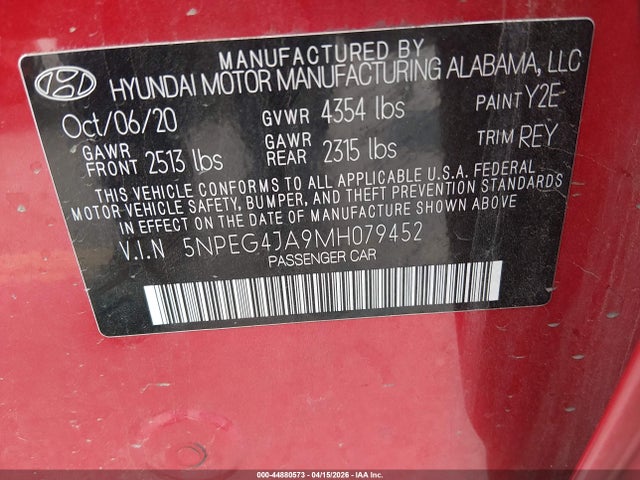 2021 Hyundai Sonata Se მანქანა იყიდება აუქციონზე, vin: 5NPEG4JA9MH079452, აუქციონის ნომერი: 44880573