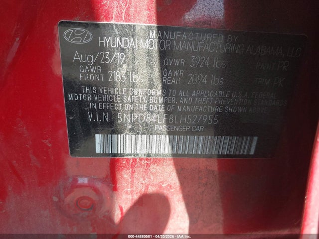 44880581 :رقم المزاد ، 5NPD84LF8LH527955 vin ، 2020 Hyundai Elantra Sel مزاد بيع