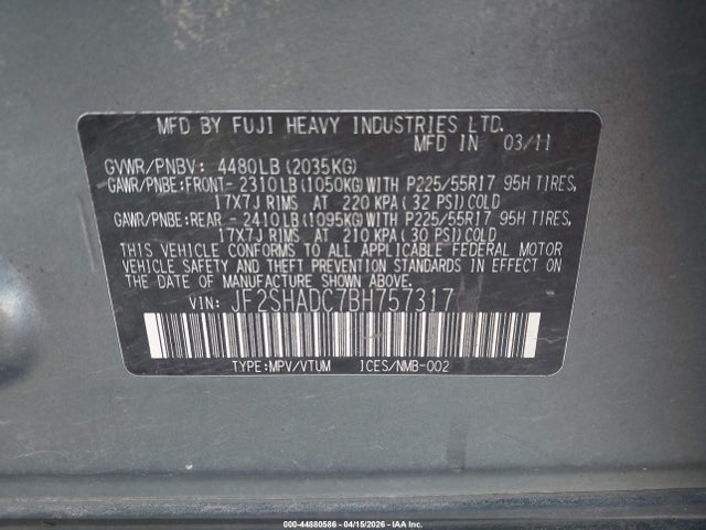44880586 :رقم المزاد ، JF2SHADC7BH757317 vin ، 2011 Subaru Forester 2.5x Premium مزاد بيع