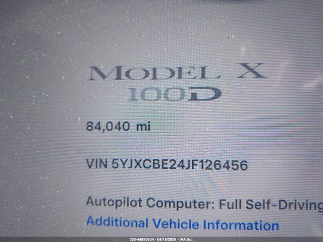 2018 Tesla Model X 100d/75d/p100d მანქანა იყიდება აუქციონზე, vin: 5YJXCBE24JF126456, აუქციონის ნომერი: 44880604