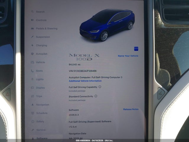 2018 Tesla Model X 100d/75d/p100d მანქანა იყიდება აუქციონზე, vin: 5YJXCBE24JF126456, აუქციონის ნომერი: 44880604