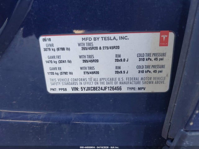 2018 Tesla Model X 100d/75d/p100d მანქანა იყიდება აუქციონზე, vin: 5YJXCBE24JF126456, აუქციონის ნომერი: 44880604