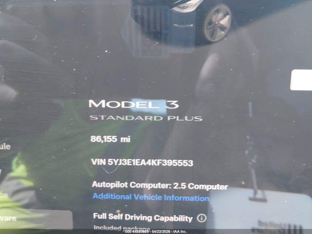 Auction sale of the 2019 Tesla Model 3 Long Range/mid Range/standard Range/standard Range Plus, vin: 5YJ3E1EA4KF395553, lot number: 44880605