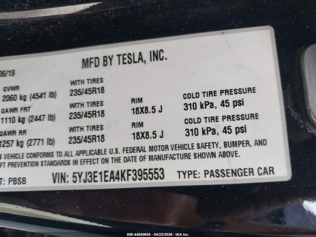 Auction sale of the 2019 Tesla Model 3 Long Range/mid Range/standard Range/standard Range Plus, vin: 5YJ3E1EA4KF395553, lot number: 44880605