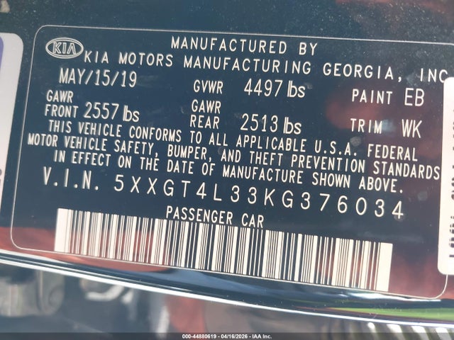 5XXGT4L33KG376034 KIA Optima S
