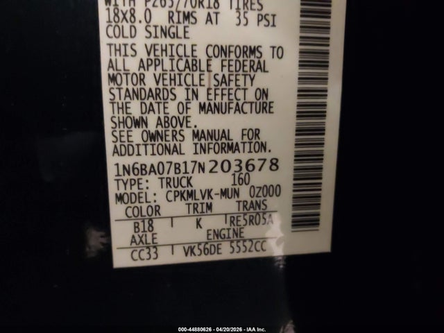 44880626 :رقم المزاد ، 1N6BA07B17N203678 vin ، 2007 Nissan Titan Le مزاد بيع