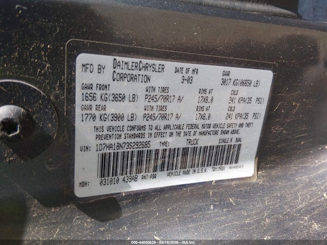 Продажа на аукционе авто 2003 Dodge Ram 1500 Slt/laramie/st, vin: 1D7HA18N73S292685, номер лота: 44880629