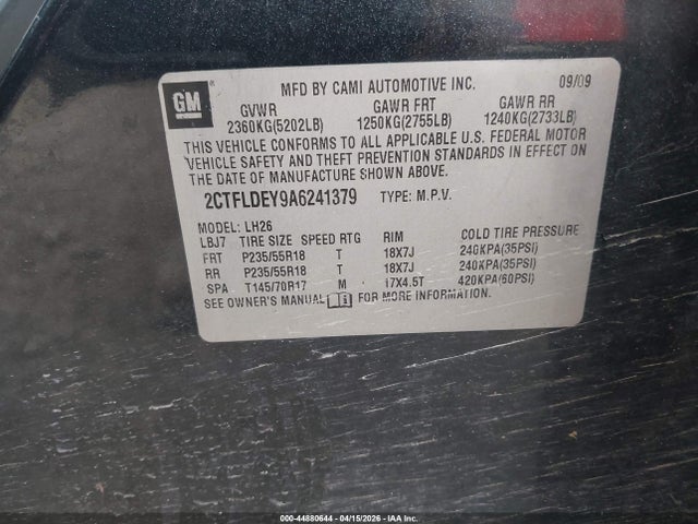 44880644 :رقم المزاد ، 2CTFLDEY9A6241379 vin ، 2010 Gmc Terrain Sle-2 مزاد بيع