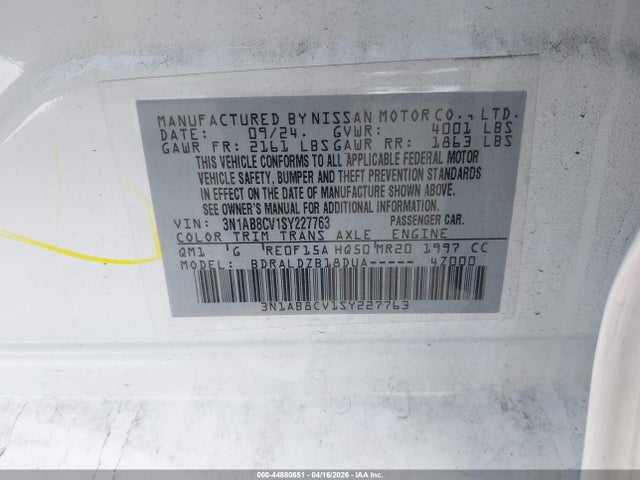 Продаж на аукціоні авто 2025 Nissan Sentra Sv, vin: 3N1AB8CV1SY227763, номер лоту: 44880651