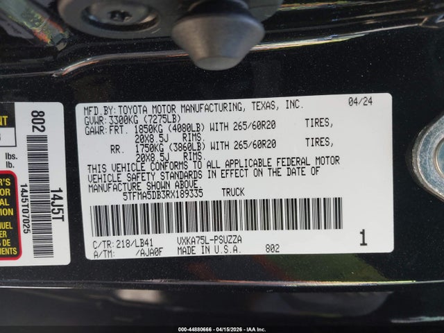 Auction sale of the 2024 Toyota Tundra 1794 Edition, vin: 5TFMA5DB3RX189335, lot number: 44880666
