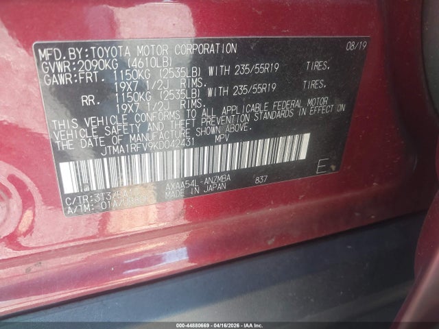Aukcja sprzedaży 2019 Toyota Rav4 Xle Premium, vin: JTMA1RFV9KD042431, numer aukcji: 44880669