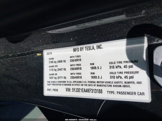 Продажа на аукционе авто 2019 Tesla Model 3 Long Range/mid Range/standard Range/standard Range Plus, vin: 5YJ3E1EA4KF313188, номер лота: 44880670