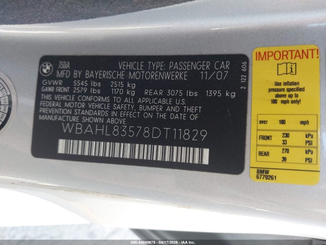44880678 :رقم المزاد ، WBAHL83578DT11829 vin ، 2008 Bmw 750i مزاد بيع