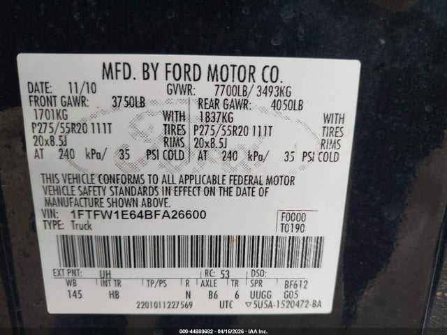 Продажа на аукционе авто 2011 Ford F-150 Lariat, vin: 1FTFW1E64BFA26600, номер лота: 44880682