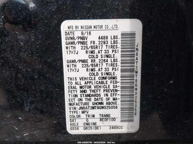 44880700 :رقم المزاد ، JN8AT2MT8GW025056 vin ، 2016 Nissan Rogue S مزاد بيع