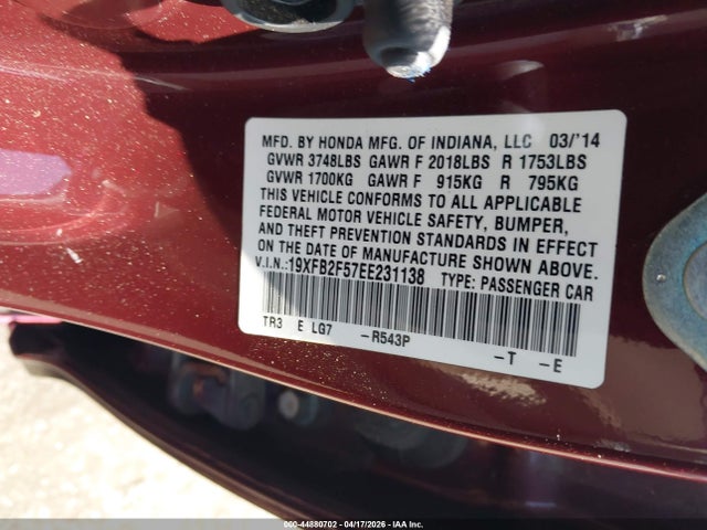 Honda Civic Lx 2014 19XFB2F57EE231138 Image 9