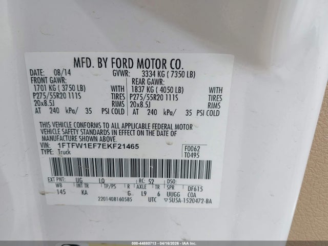 Aukcja sprzedaży 2014 Ford F-150 King Ranch, vin: 1FTFW1EF7EKF21465, numer aukcji: 44880713