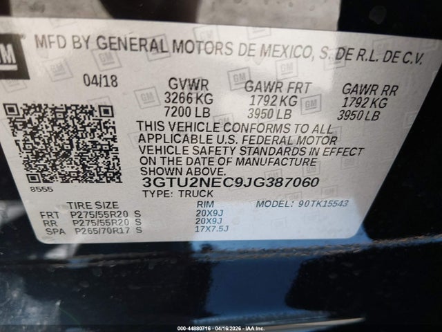 2018 Gmc Sierra 1500 Slt მანქანა იყიდება აუქციონზე, vin: 3GTU2NEC9JG387060, აუქციონის ნომერი: 44880716