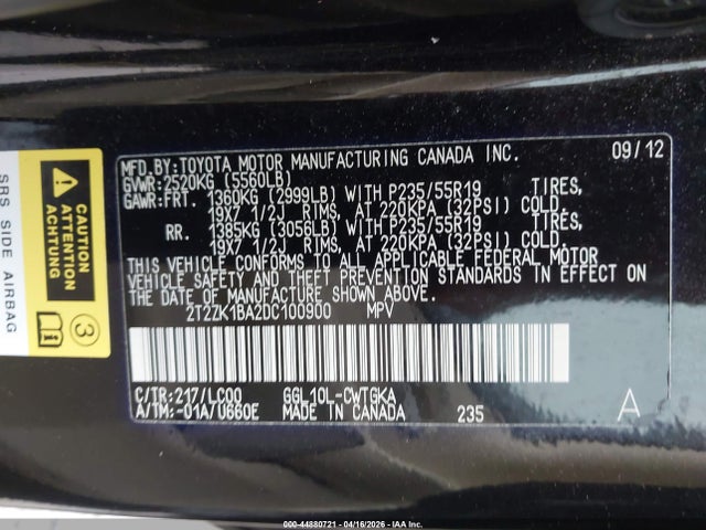 2013 Lexus Rx 350 მანქანა იყიდება აუქციონზე, vin: 2T2ZK1BA2DC100900, აუქციონის ნომერი: 44880721