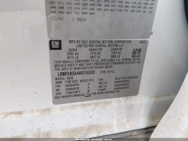 Aukcja sprzedaży 2017 Buick Envision Essence, vin: LRBFXBSA4HD196826, numer aukcji: 44880729