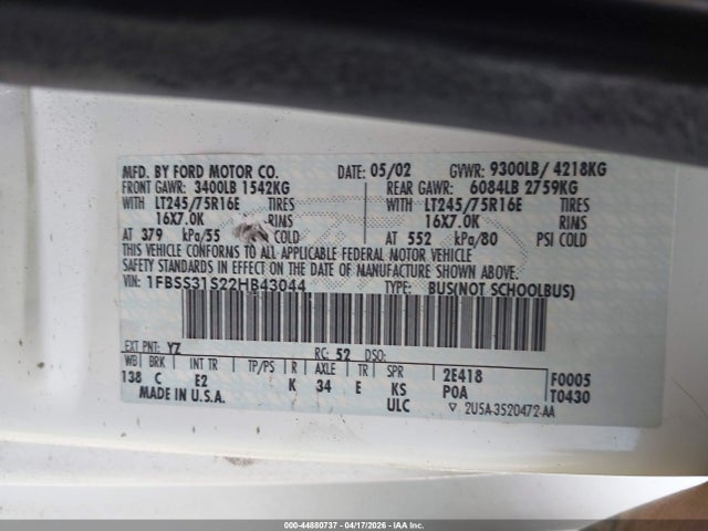 Aukcja sprzedaży 2002 Ford E-350 Super Duty Xl/xlt, vin: 1FBSS31S22HB43044, numer aukcji: 44880737