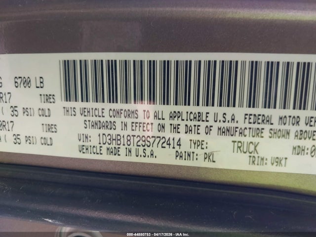 44880753 :رقم المزاد ، 1D3HB18T29S772414 vin ، 2009 Dodge Ram 1500 Slt/sport/trx مزاد بيع