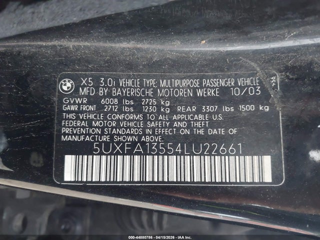2004 Bmw X5 3.0i მანქანა იყიდება აუქციონზე, vin: 5UXFA13554LU22661, აუქციონის ნომერი: 44880786