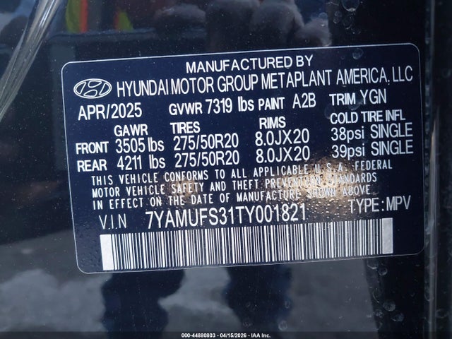 Aukcja sprzedaży 2026 Hyundai Ioniq 9 Sel, vin: 7YAMUFS31TY001821, numer aukcji: 44880803