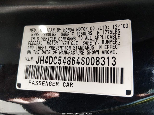 Продажа на аукционе авто 2004 Acura Rsx, vin: JH4DC54864S008313, номер лота: 44880811