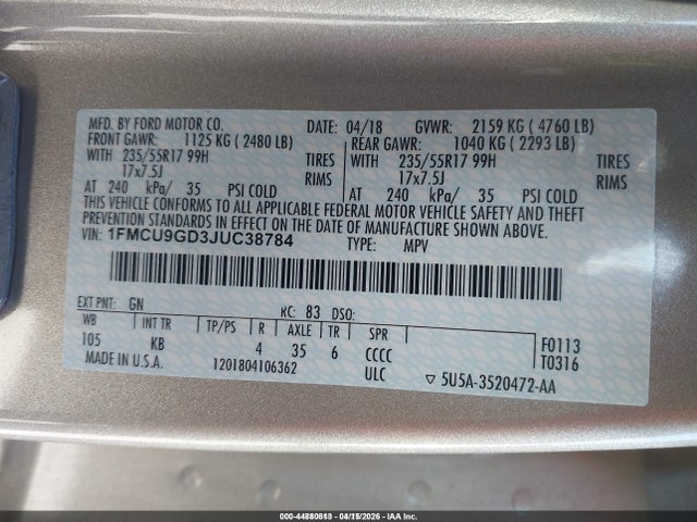 2018 FORD ESCAPE 1FMCU9GD3JUC38784 Photo 8