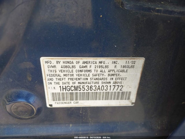 Продаж на аукціоні авто 2003 Honda Accord 2.4 Lx, vin: 1HGCM55363A031772, номер лоту: 44880819