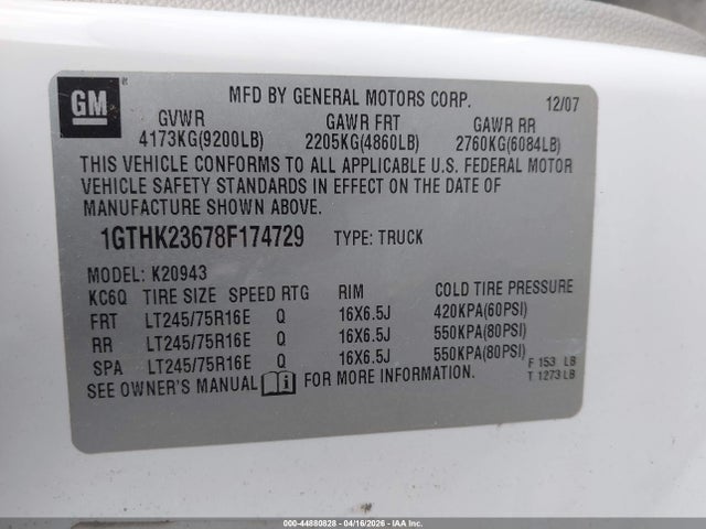 2008 Gmc Sierra 2500hd Sle1 მანქანა იყიდება აუქციონზე, vin: 1GTHK23678F174729, აუქციონის ნომერი: 44880828