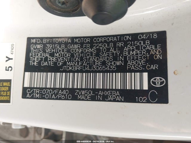 Продаж на аукціоні авто 2018 Toyota Prius Two, vin: JTDKBRFU4J3065435, номер лоту: 44880836