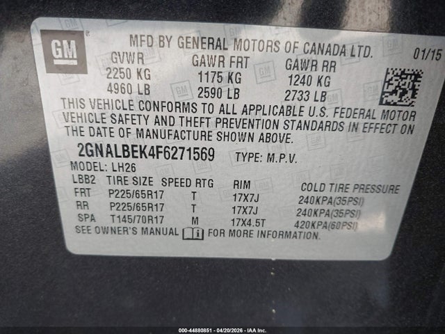 44880851 :رقم المزاد ، 2GNALBEK4F6271569 vin ، 2015 Chevrolet Equinox 1lt مزاد بيع