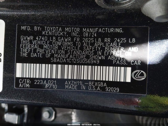Aukcja sprzedaży 2025 Lexus Es 300h, vin: 58ADA1C12SU056949, numer aukcji: 44880886