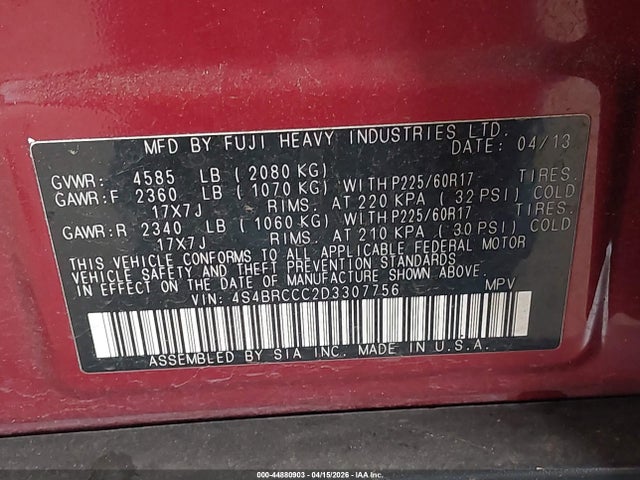 44880903 :رقم المزاد ، 4S4BRCCC2D3307756 vin ، 2013 Subaru Outback 2.5i Premium مزاد بيع