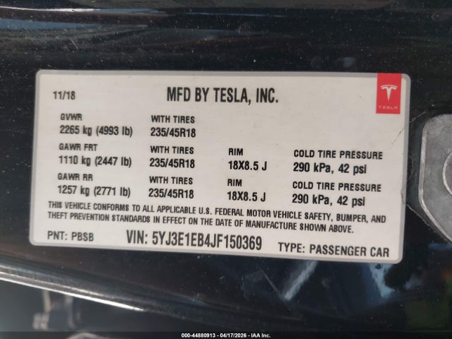 Aukcja sprzedaży 2018 Tesla Model 3 Long Range/performance, vin: 5YJ3E1EB4JF150369, numer aukcji: 44880913