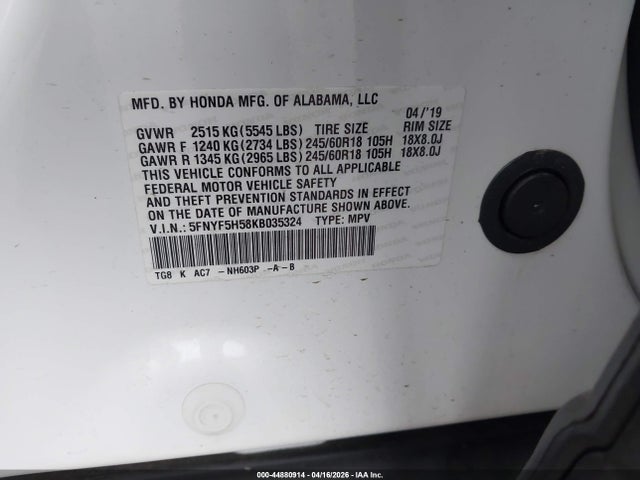 Honda Pilot Ex-l 2019 5FNYF5H58KB035324 Image 9