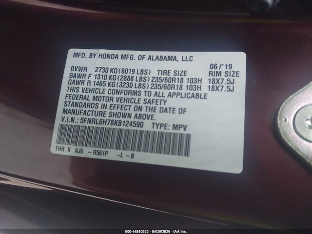 Aukcja sprzedaży 2019 Honda Odyssey Ex-l, vin: 5FNRL6H78KB124590, numer aukcji: 44880923