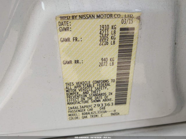 1N4AL3APXFC293363 Nissan Altima 2.5 Sv