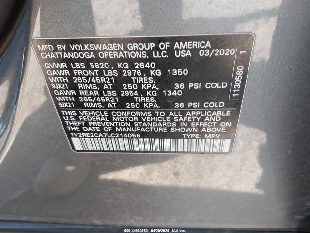 44880950 :رقم المزاد ، 1V2RE2CA7LC214056 vin ، 2020 Volkswagen Atlas Cross Sport 3.6l V6 Sel R-line مزاد بيع