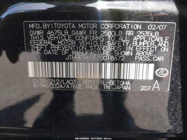 Продаж на аукціоні авто 2007 Lexus Gs 350, vin: JTHBE96S570018672, номер лоту: 44880954