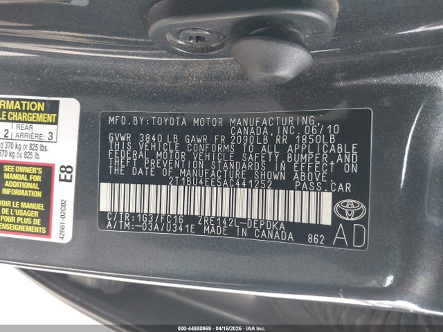 Aukcja sprzedaży 2010 Toyota Corolla Le, vin: 2T1BU4EE5AC441252, numer aukcji: 44880969