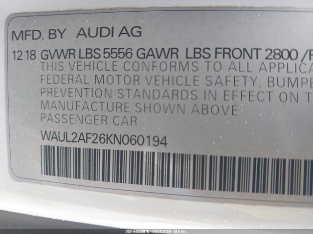 44880970 :رقم المزاد ، WAUL2AF26KN060194 vin ، 2019 Audi A6 55 Premium مزاد بيع